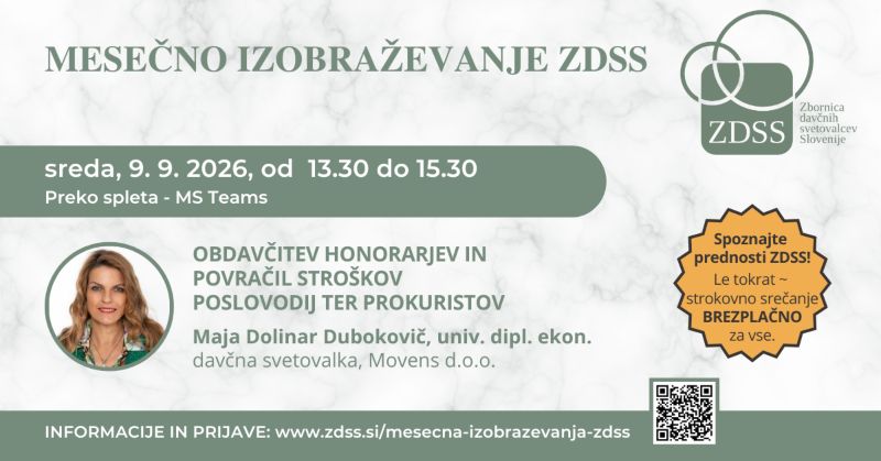 9.9.2026 BREZPLAČNO izobraževanje ZDSS Obdavčitev honorarjev in povračil stroškov poslovodij ter prokuristov-napovednik